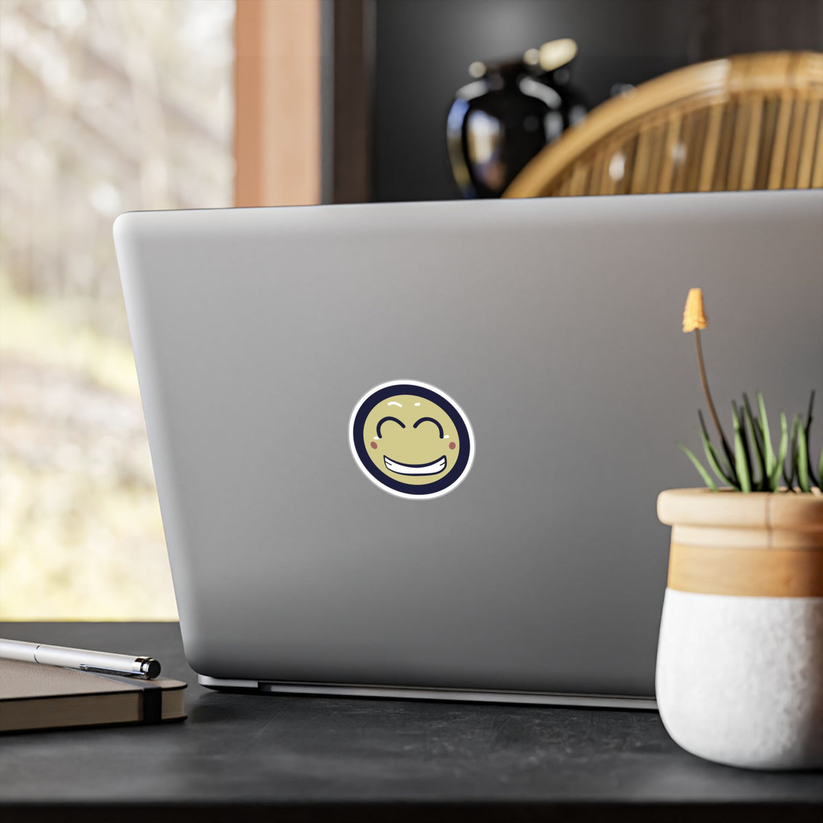 Smiling Emoji Kiss-Cut Vinyl Decal — Cheerful Happy Face Sticker for Laptops, Water Bottles & Windows